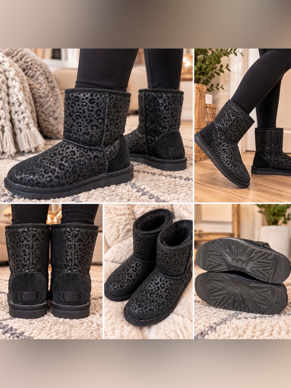 UGG Black Leopard Print Mini Boots Women’s Size 5 Shearling Lined